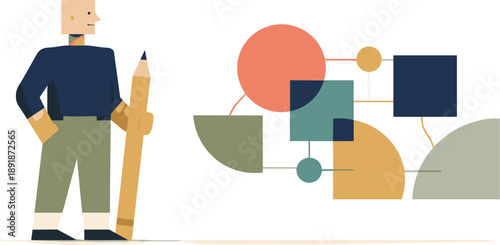 Calm abstract geometric figure stands beside final cohesive arrangement of interlinked shapes in wide empty space, representing