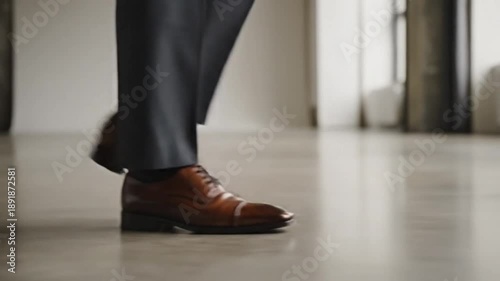 Low angle of a person's legs and feet walking across a glossy floor wearing dress shoes and dark suit trousers