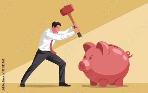 Man smashing piggy bank with large hammer in illustration