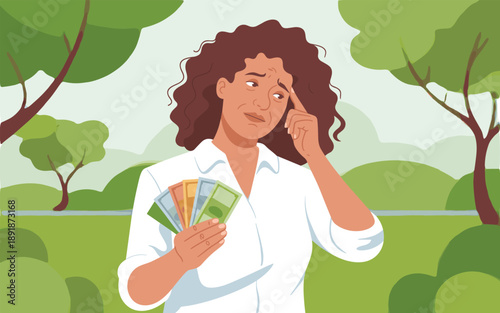 A woman holding cash in a park, worried about financial decisions