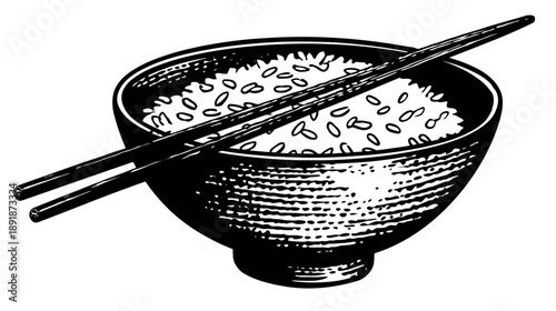 A monochrome illustration of a bowl filled with rice and chopsticks resting on top