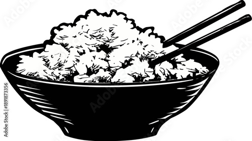 A black and white illustration of rice in a bowl, with chopsticks. Clean and minimal design