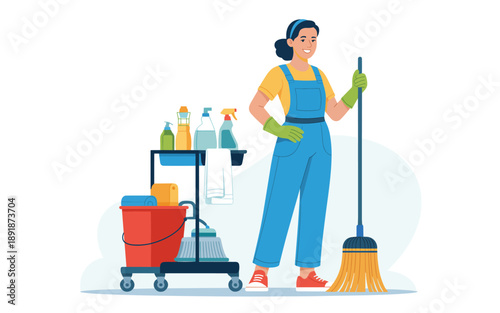 A woman in blue overalls stands beside a cleaning cart with various supplies and a broom, preparing for a thorough cleaning session indoors.