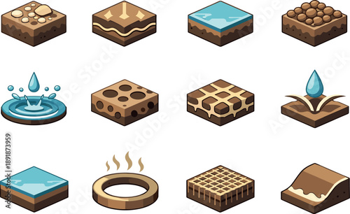 Isometric vector icons of rain–soil interaction: mineral patch tile, absorption line, wet-surface stripe, soil granule tile,