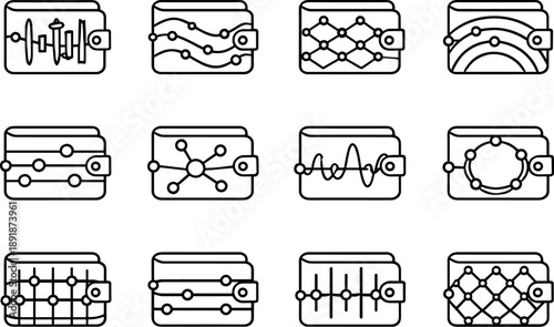 Line style vector icons of cryptocurrency blockchain wallets: rhythm bar, flow stripe, feedback mesh, resonance arc, feedback