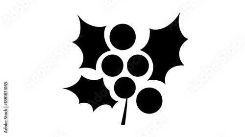 A monochrome illustration of holly, a sprig with berries and spiky leaves