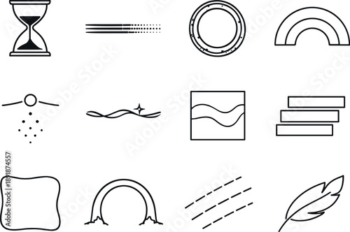 Line style vector icons of time as an ingredient: hourglass outline, slow-fade stripe, patina ring, aging arc, dust-settle node,
