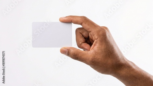 Close up of a hand holding a blank white business card or plastic card mockup isolated on white background with copy space