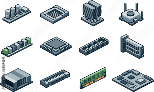 Isometric vector icons of server internals: power rail, CPU socket, heatsink tower, sensor node (abstract), VRM line, chip