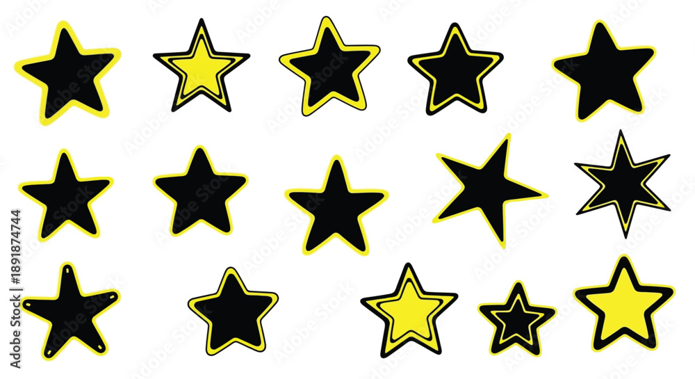 Fototapeta premium Collection of colorful stars with black outlines a striking silhouette