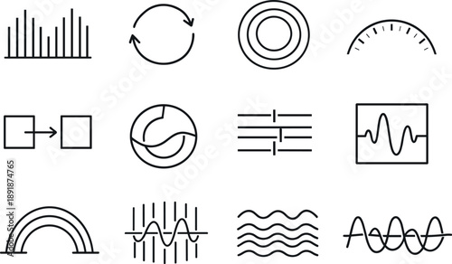 Line style vector icons of project planning workflow budgeting: frequency band, cycle bar, propagation ring, timing arc,