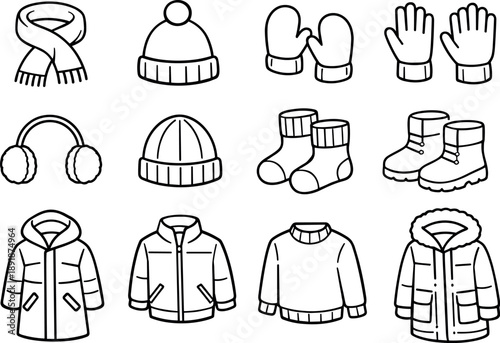 Line style vector icons of winter accessories: scarf, hat, mittens, gloves; earmuffs, beanie, socks, boots; coat, jacket, sweater