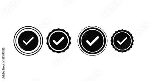 Four black checkmark icons within circular frames a graphic silhouette