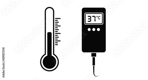 Thermometer and digital display showing 37 degrees celsius silhouette