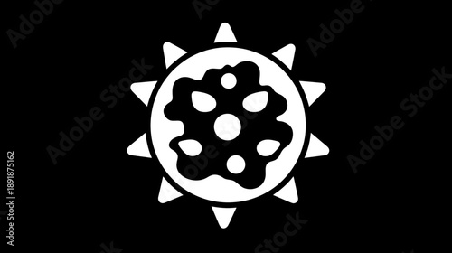 A simple, white graphic against a black background. It features a stylized sun with an interior element