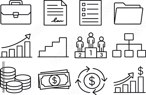 Tax Icons Grid. Line style of income tax brackets vector icons: briefcase, contract, form, folder; column chart, staircase,