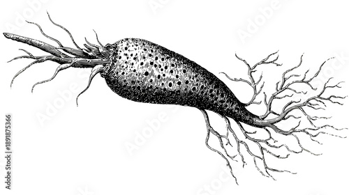 A detailed illustration of an elongated, textured organism with roots and tendrils