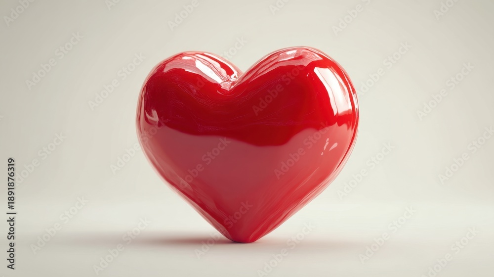Fototapeta premium Glossy red heart symbol on neutral background reflecting light and love.