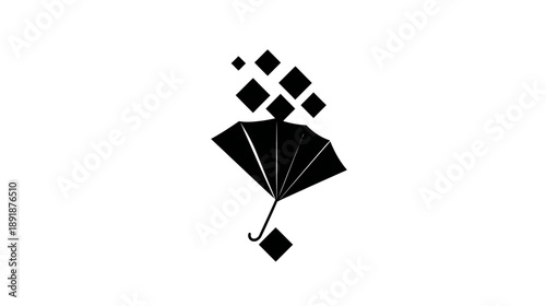 A minimalistic black and white graphic depicting an umbrella with square "rain" falling above