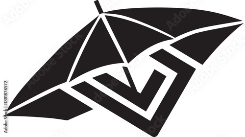 A black and white logo featuring an abstract umbrella and a stylized geometric shape