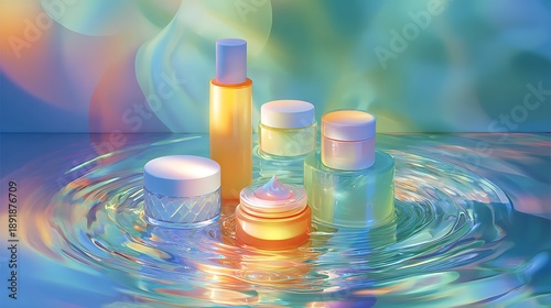 Cosmetic bottles and jars with pastel creams on reflective water surface soft bokeh background
