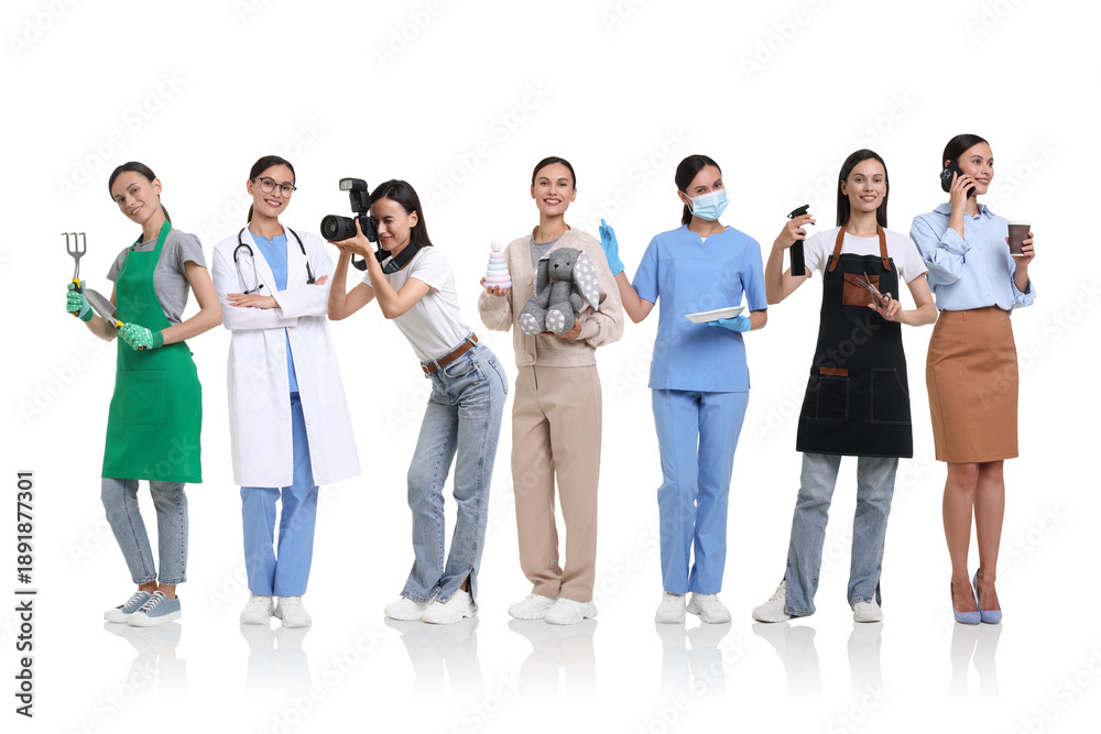 Obraz premium Choice of profession. Same woman representing different occupations. Collage of portraits on white background