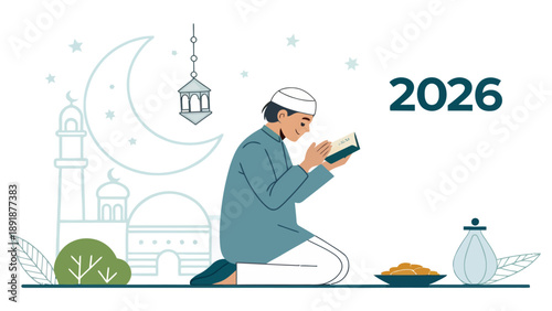 Man praying on a rug with a mosque in the background, holding the Quran, symbolizing faith and learning.