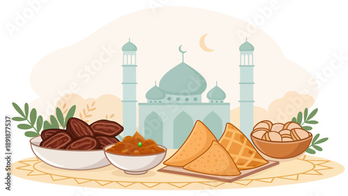 Delicious variety of Muslim Iftar food including dates, samosas, and sweets, presented in bowls and on plates with a mosque in the background.