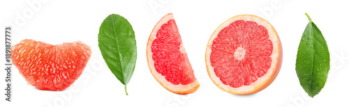 Εκτύπωση καμβά Fresh juicy grapefruit pieces and green leaves isolated on white, set
