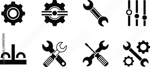 Mechanical and Tool Symbols in Minimal Line Style. Technical Icon Collection for Engineering and Industrial Design. Functional System Graphics