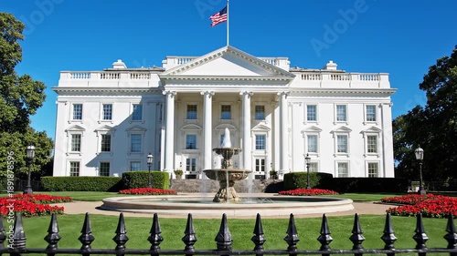 White House with fountain and flag