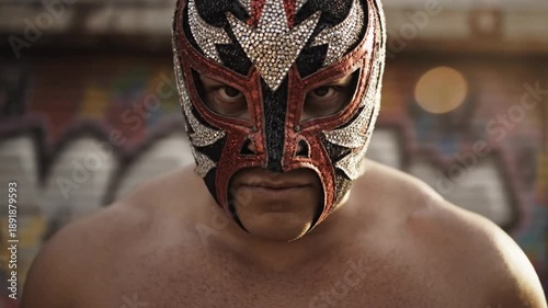Luchador wrestler in a colorful mask and belt stands confidently in front of a graffiti-covered backdrop, looking determined.