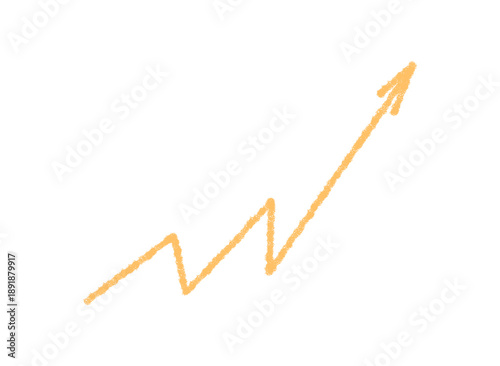 Wavy orange arrow with hand drawn crayon stroke. Sketch pointer icon curves up as playful element. Handdrawn style in orange, perfect for symbol, template, creative media or background accent.