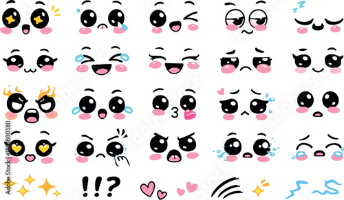 Kawaii Cute Faces Set With Anime Eyes And Mouths Funny Cartoon Emotions Vector Illustration on transparent background