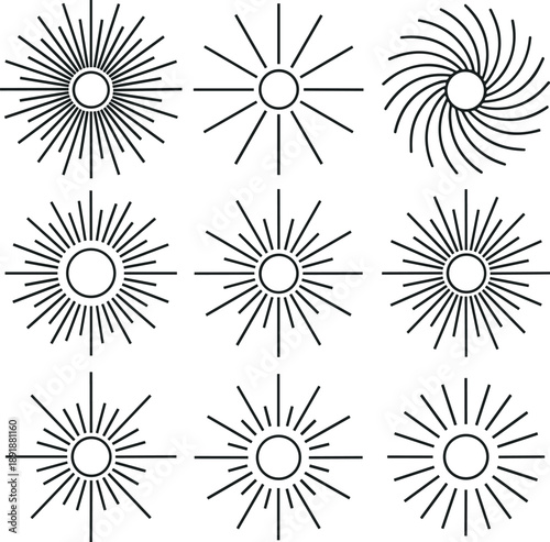 Retro Sunburst And Starburst Rays Set With Vintage Radiant Light Elements Vector Illustration on transparent background