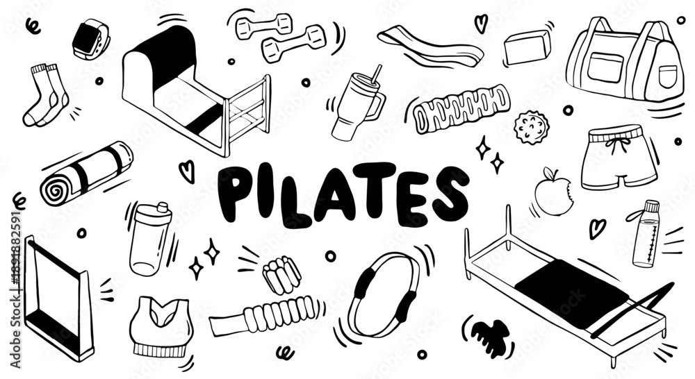 Obraz premium Pilates Doodle Illustration Set – Hand Drawn Fitness Icons in Black and White