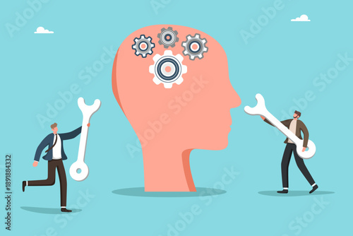 Concept of problem solving, teamwork, brainstorming, collaboration, improving business thinking, mentoring to analyze or optimize work. Business team with wrenches fixing large human head with gears.