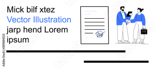 Business partnerships, agreements, corporate deals, contract signing, professional collaboration, legal documents. Illustration features a signed document and two individuals shaking hands. Business