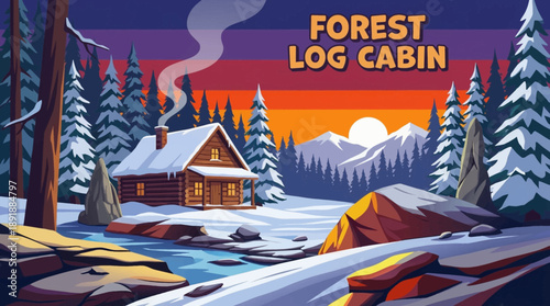 log cabin deep in a winter forest during dusk, glowing with warm light and evoking comfort, shelter, and seasonal atmosphere