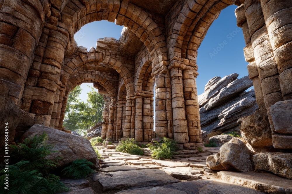Fototapeta premium Ancient stone arches surrounded by nature at a remote archaeological site in daylight