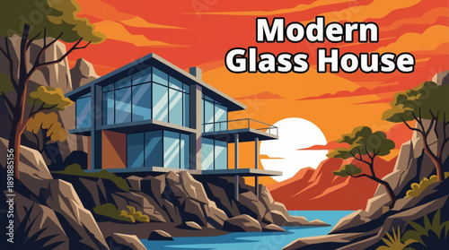 modern glass house positioned in a mountainous landscape, blending contemporary architecture with dramatic natural scenery for luxury living and design concepts