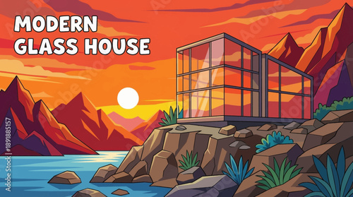 modern glass house positioned in a mountainous landscape vector cartoon, blending contemporary architecture with dramatic natural scenery for luxury living and design concepts