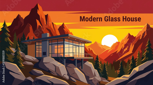 modern glass house positioned in a mountainous landscape, blending contemporary architecture with dramatic natural scenery for luxury living and design concepts