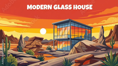 modern glass house positioned in a mountainous landscape vector cartoon, blending contemporary architecture with dramatic natural scenery for luxury living and design concepts