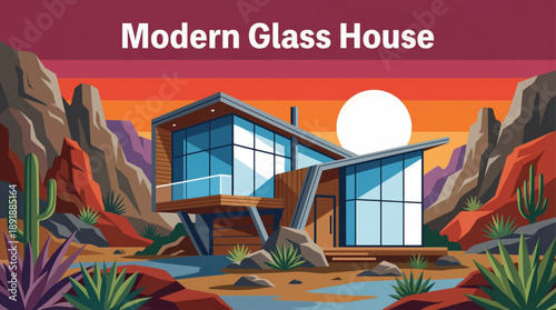 modern glass house positioned in a mountainous landscape, blending contemporary architecture with dramatic natural scenery for luxury living and design concepts