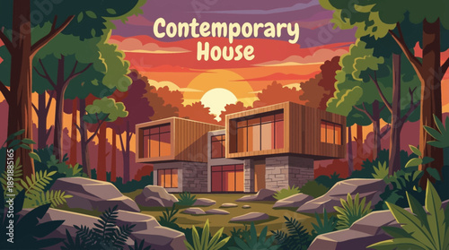 contemporary house surrounded by dense forest vector cartoon illustration, combining clean architectural lines with natural elements for sustainable living and modern lifestyle visuals