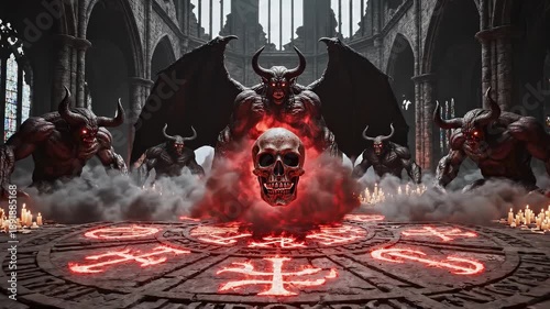 Diabolic demonic ritual summoning a skull in a gothic cathedral