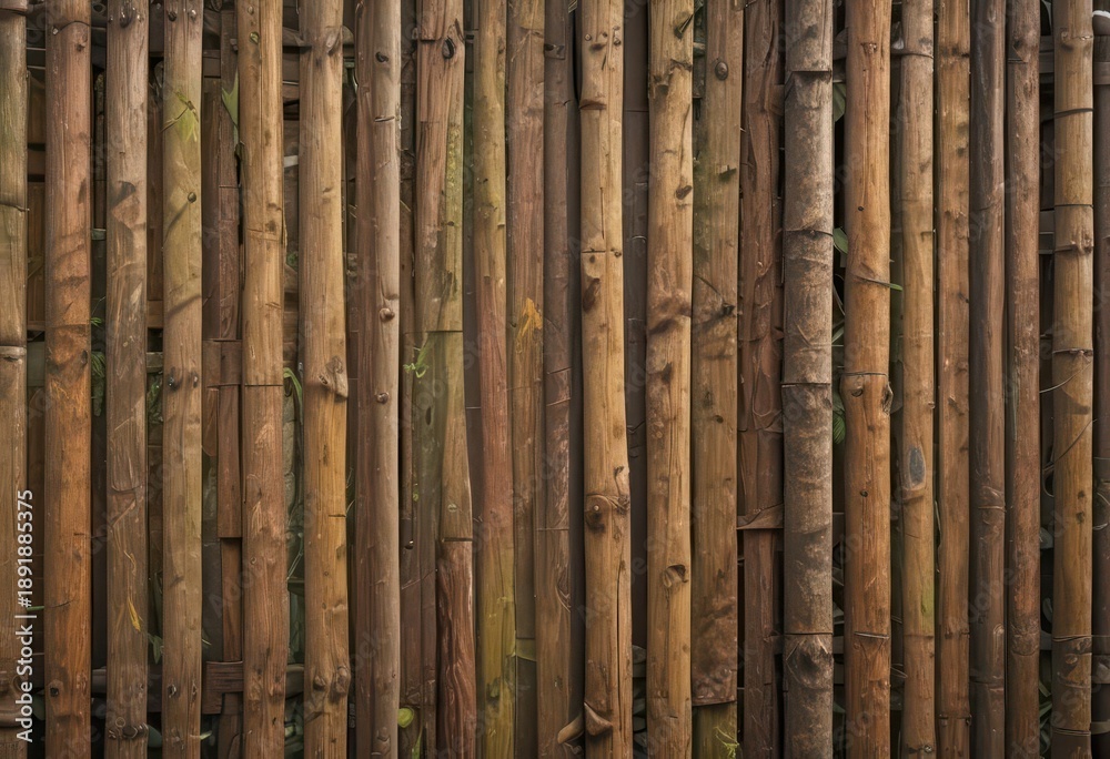 Naklejka premium Weathered bamboo fence with worn wood tone and natural decay, natural wood, bamboo fences, garden features