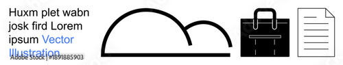 Cloud computing, data storage, business tools, document management, digital transformation, work organization. Black-and-white icons of a cloud, briefcase and document. Cloud computing and data