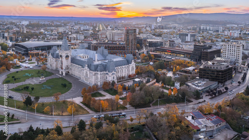 Fotografie Aerial view morning shot with Cultural Palace, the landmark of Iasi City Center